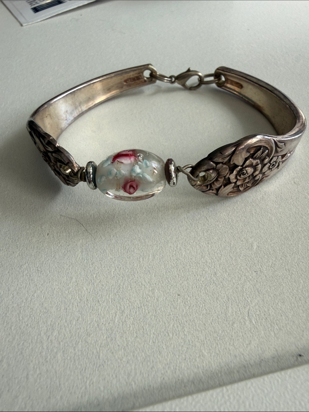 Source Unknown Silver Floral Spoon Bracelet with Pink Rose Glass Bead